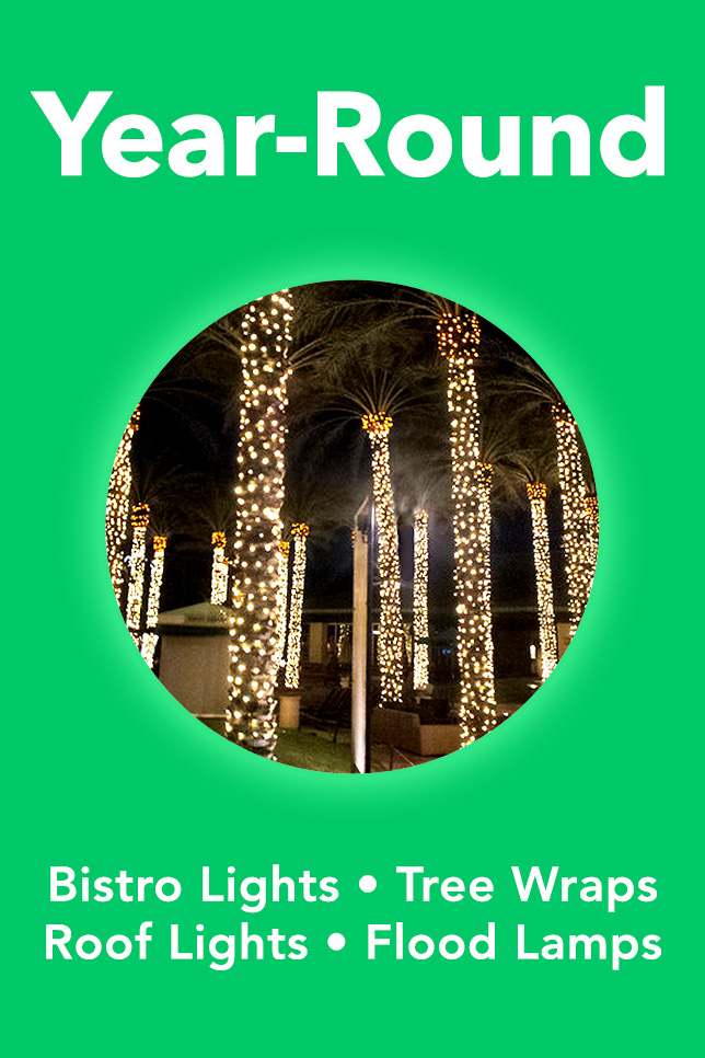 Year-Round Decorative Lighting. Bistro Lights, Tree Wraps, Roofline Lighting, Colored Flood Lamps